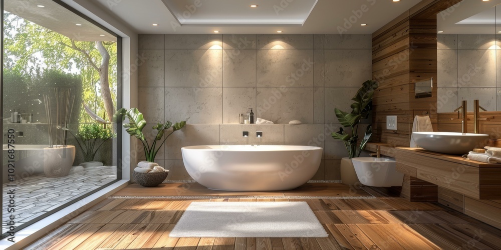 Canvas Prints Modern Spa Bathroom with Natural Wood Accents