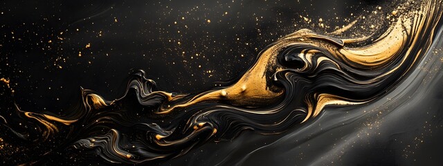 A golden and black abstract painting of flowing fabric, with the body in dark tones