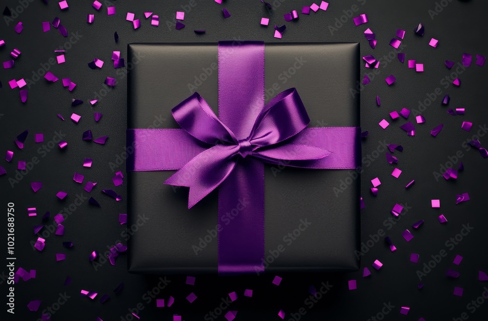 Wall mural A beautifully wrapped black gift box with a purple ribbon surrounded by purple confetti