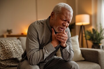An Elderly Man Endures Pain in Throat and Chest: Struggling with Health Issues Amid Sickness and Inflammation.