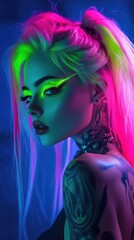 Naklejka premium A striking close-up of a girl with neon pink and green hair under dark lighting showcasing her glowing tattoos and cyberpunk style