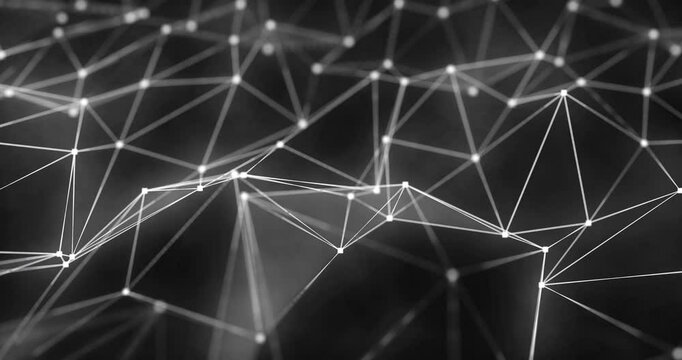 Geometrical Plexus Motion, Abstract Pattern Background, Flight on a polygonal moving surface. Background for business, science, internet and neural networks.