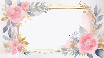 Elegant floral watercolor frame with gold accents and copy space