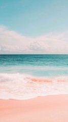 A serene minimalist view of the beach at sunset featuring soft pink, orange, and teal hues with calming water and sky transitions