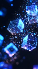 Abstract background with blue glowing cubes on a dark blue background, a digital technology and data concept