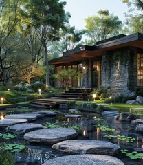 Fototapeta premium Modern Japanese Garden Design with House