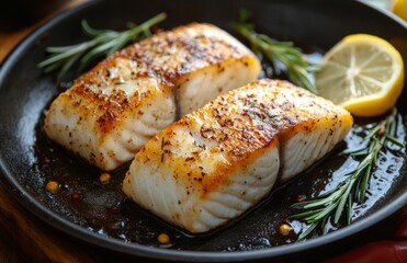 Perfectly seared fish fillets garnished with herbs and lemon on a black plate