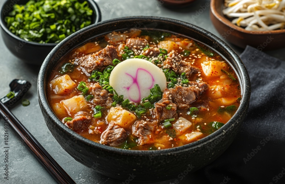 Wall mural hearty bowl of stew featuring tender meat and vegetables garnished with green onions