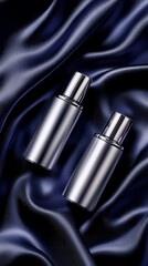 A pair of glossy silver cosmetic bottles, resting on navy blue satin fabric, with dramatic lighting adding depth and highlighting the luxury of the scene.