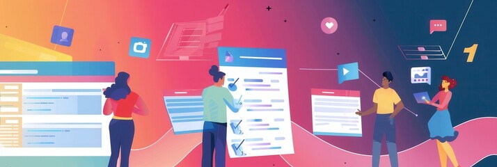 Groups of diverse individuals actively participate in online polls and surveys to share their thoughts and preferences regarding various topics. Generative AI