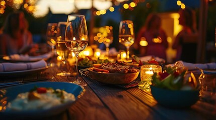   A wooden table is adorned with a bowl of food and a plate of food beside a wine glass containing wine