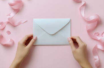 Obraz premium Creating a lovely gift envelope with pink ribbons and romantic decorations on a pastel background