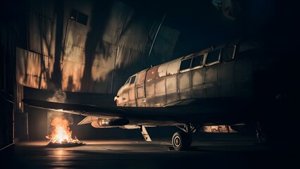 Abandoned airplane inside a derelict hangar in a desert landscape with tumbleweeds