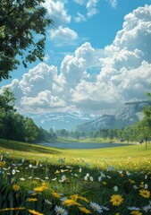 Beautiful Spring Meadow Landscape Illustration
