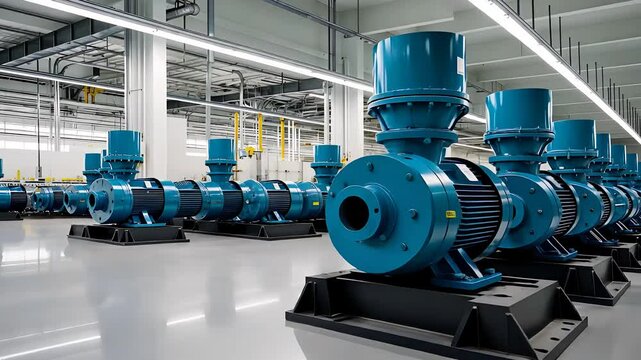 Row of Industrial Water Pumps in Factory Setting

