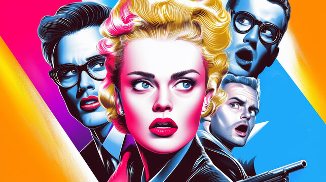 A retro movie poster illustration from the 1950s, featuring hand-drawn characters, dramatic poses, and bold colors with classic Hollywood typography and vintage film vibes.