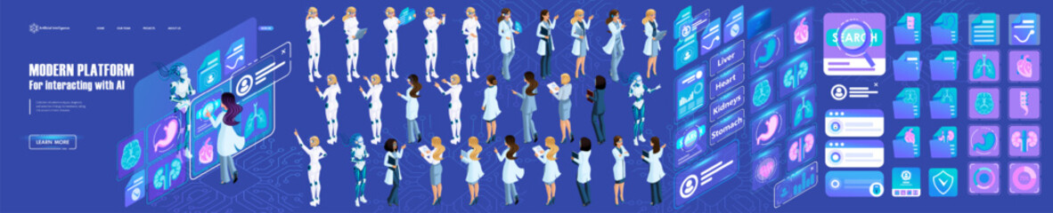 Isometric Template for Creating Landing page. Modern platform for interacting with AI, for Medical. Kit of Characters, Persons, Icons. Create your own unique
