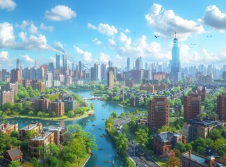 Obraz premium Cityscape Illustration with River and Parks