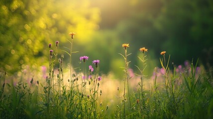 Fototapeta premium A field of wildflowers bathed in sunlight through the trees beyond the green expanse