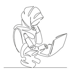 One continuous single drawing line art flat doodle research, science, scientist, discovery, laboratory, woman, islam, technology, chemistry, examining. Isolated image hand draw contour on a white back