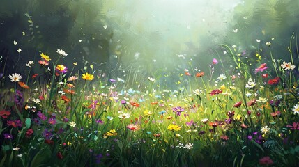   A stunning field of wildflowers and daisies bathed in golden sunlight behind towering trees