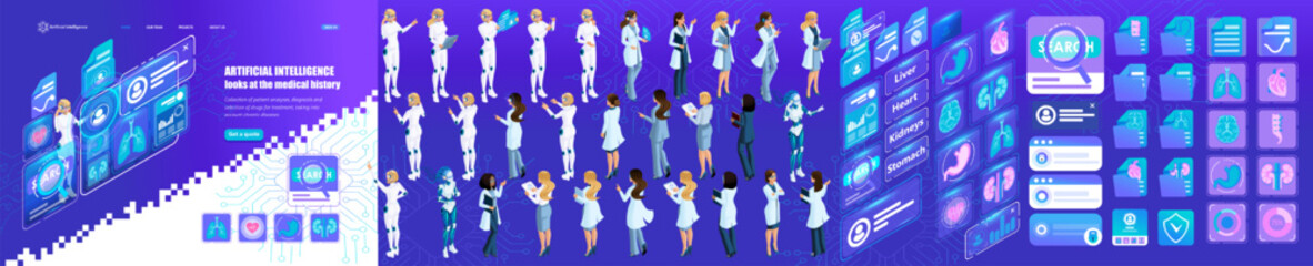 Isometric Template Creating Landing page. Female Cyborg makes a request to AI, for Medical. Kit of Characters, Persons. Kit of icons. Create your own unique Landing page