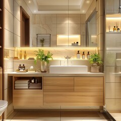 Modern Beige Bathroom Vanity with Lighting