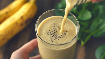 A close-up shot of a female hand pouring a vibrant banana and spinach smoothie into a clear glass on a rustic wooden table. 