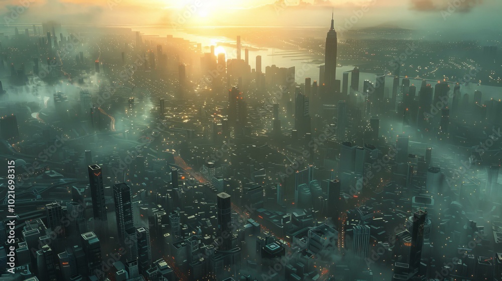 Wall mural Futuristic Aerial View of a Smoggy Cityscape