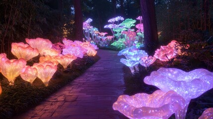 Enchanted Light Festival in Botanical Garden with Glowing Flowers and Color-Changing Trees - Ultra-Detailed Illuminated Pathways