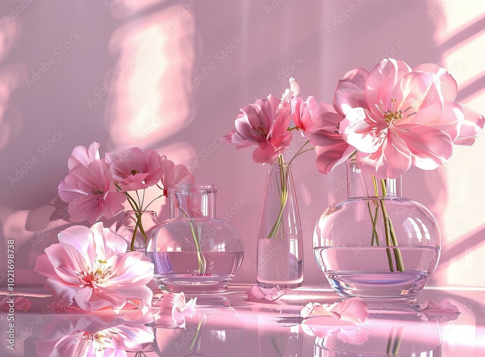 Wall mural Pink Flowers in Glass Vases Still Life