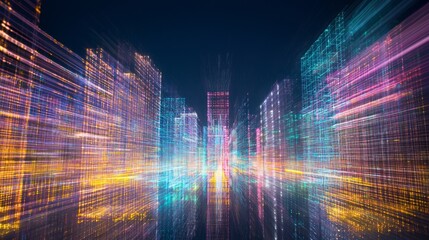 Illuminated Urban Wonderland: A Vibrant City Skyline at Night with Colorful Light Installations