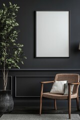 Rustic Farmhouse Interior with Vintage Frame on Wall, Cozy Scandinavian Living Room Design