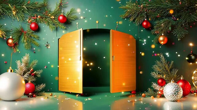 Festive Green and Gold Holiday Window Frame with Pine Branches and Ornaments. Advent Calendar Window