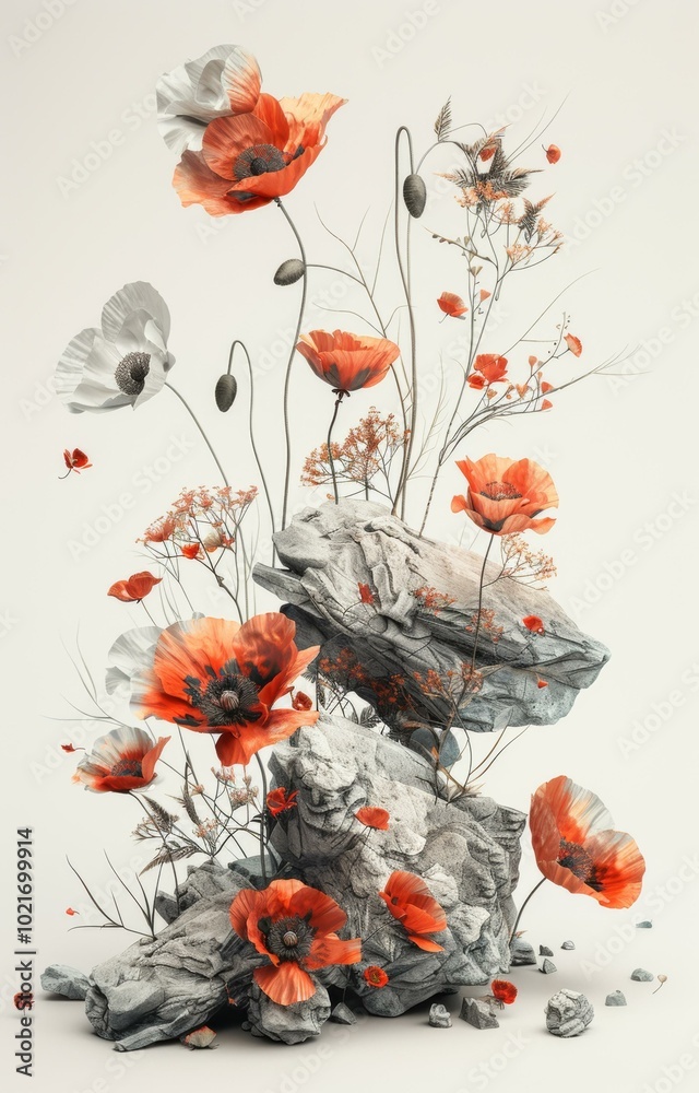 Poster Orange and white poppies with rocks