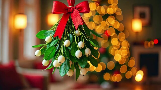 Festive Holiday Wreath with Red Ribbon and White bundle of mistletoe . Against Warm Bokeh Lights