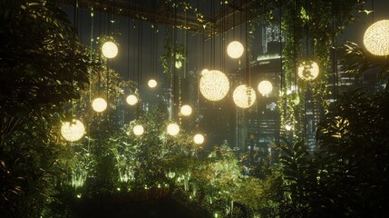 Obraz premium Illuminated Rooftop Garden Oasis: Serene Escape with Glowing Orbs and Hanging Lights in Urban Landscape