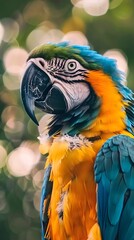 Obraz premium Colorful blue and yellow parrot in close-up AI Generative