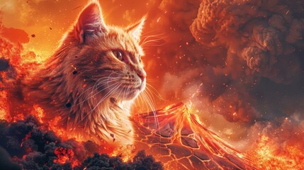 A ginger cat is standing in front of a volcano