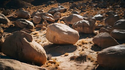 Fototapeta premium Scattered large boulders in a dry desert landscape under sunlight