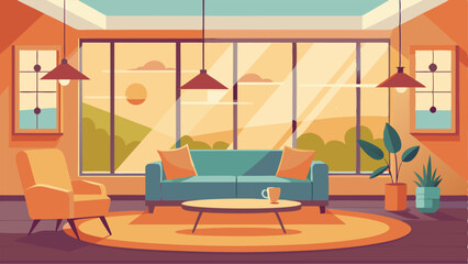 The lounge is welllit with soft natural lighting from the large windows creating a warm and inviting atmosphere.