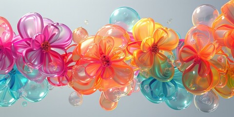 3D rendering of colorful flowers and bubbles