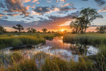 Fototapeta premium Photographers capturing the stunning sunrise over the Okavango Delta on African World Heritage Day