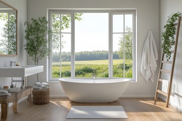 Modern Bathroom Interior Design with Bathtub and Shower, Bright and Cosy Decor Concept