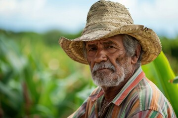 Portrait of a senior farmer with a weathered face wearing a straw hat, standing in his cultivated field
