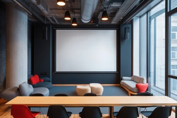Modern Corporate Office Interior with Panoramic City View and Projector Screen