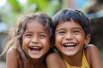 Fototapeta premium Joyful children sharing laughter in a sunny outdoor setting