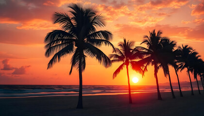 The pixelated beach scene with a vibrant orange and pink sunset, silhouetted palm trees swaying in the breeze is a beautiful and serene sight.