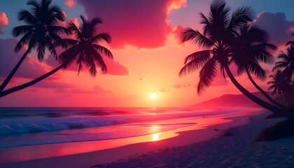 The pixelated beach scene with a vibrant orange and pink sunset, silhouetted palm trees swaying in the breeze is a beautiful and serene sight.