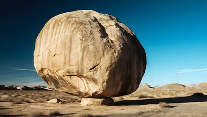Large balanced boulder in a desert landscape with clear blue sky